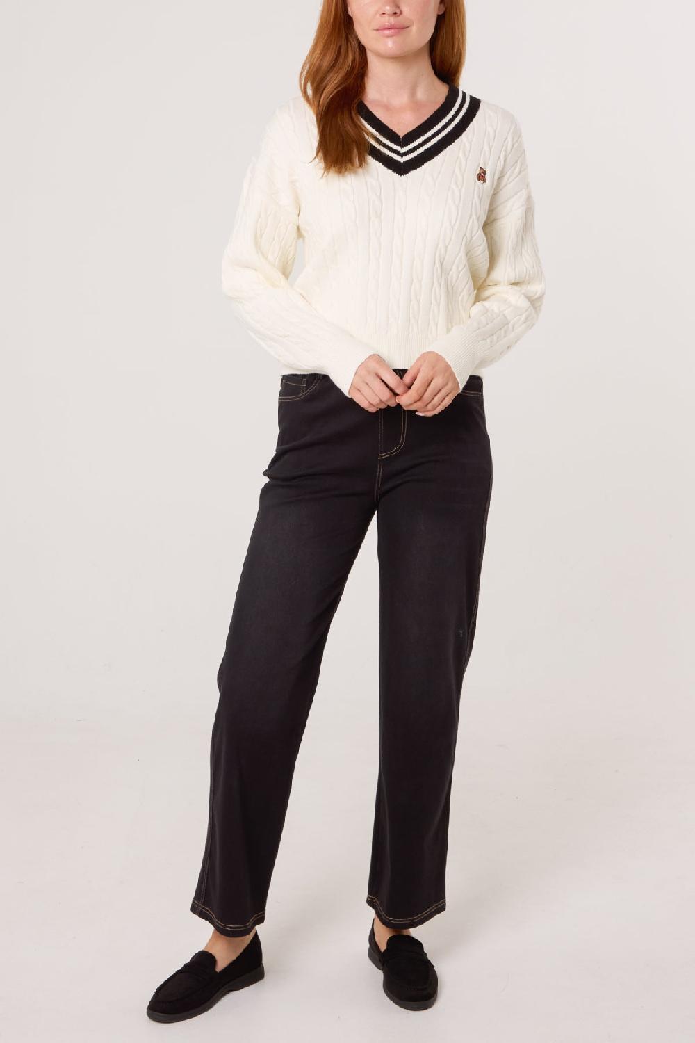 Qed London V-Neck Cable Knitted Teddy Jumper