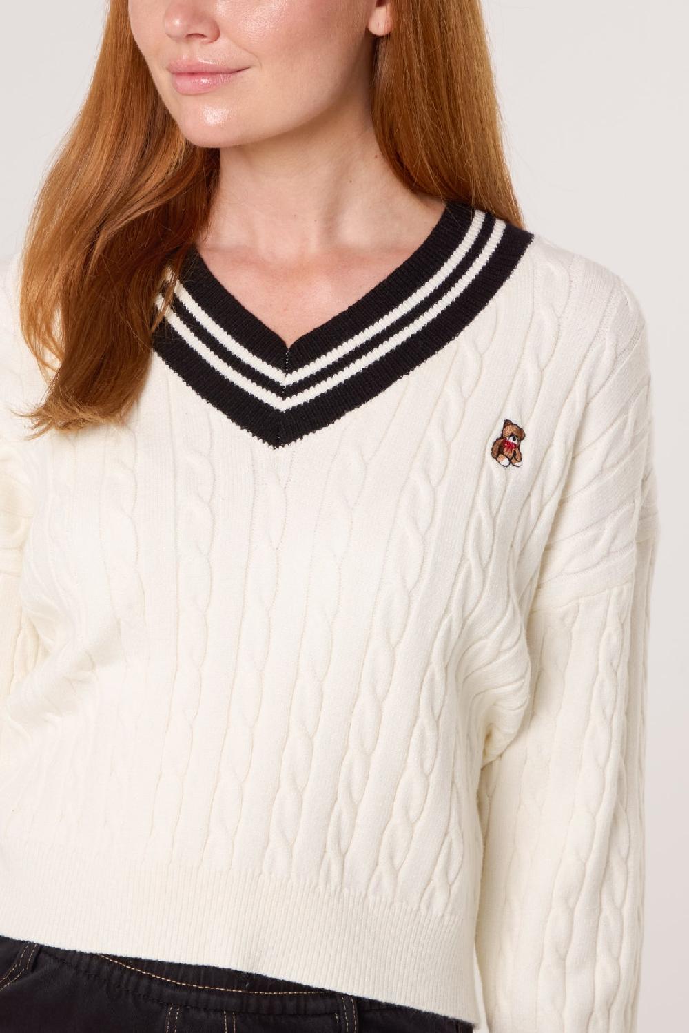 Qed London V-Neck Cable Knitted Teddy Jumper