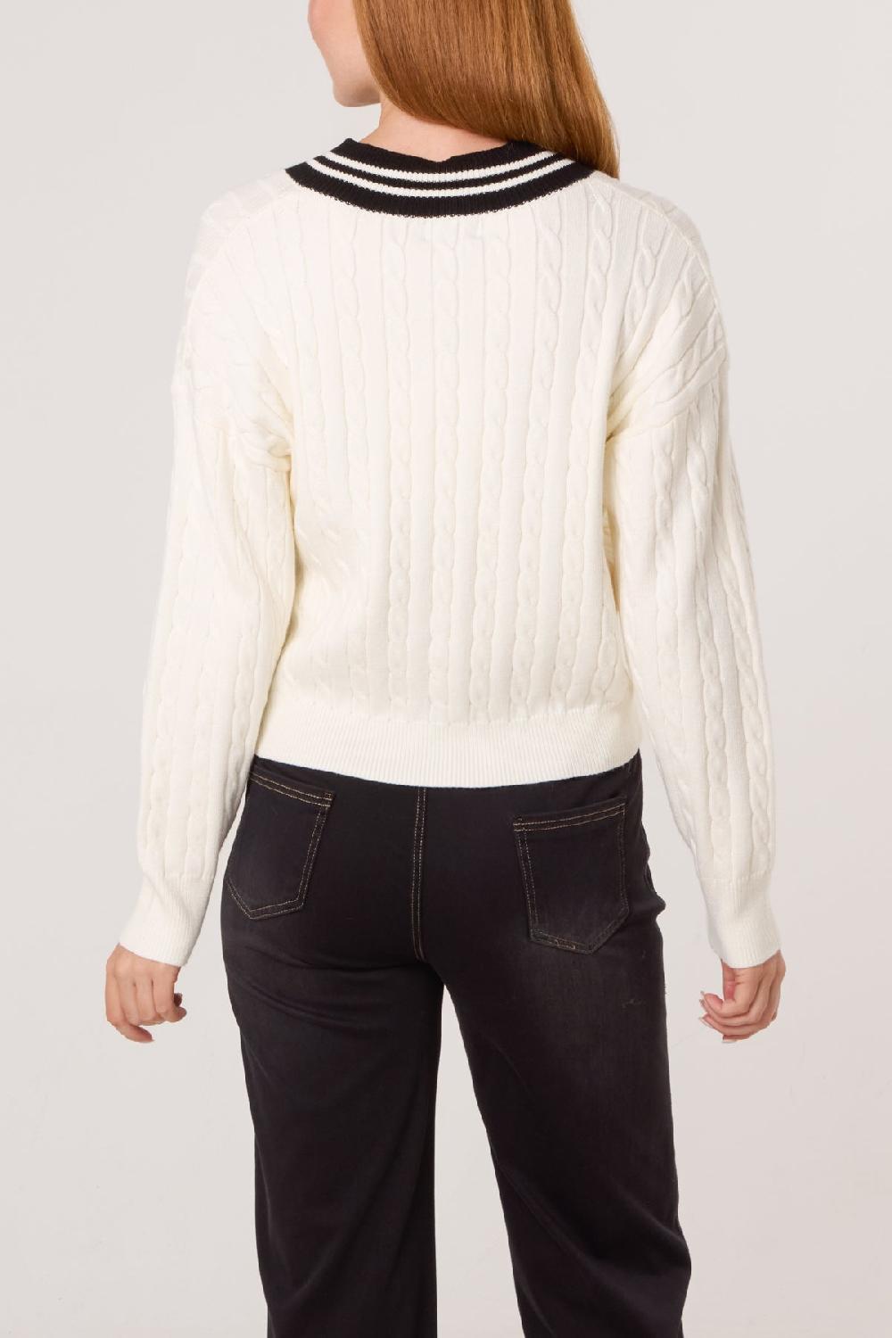 Qed London V-Neck Cable Knitted Teddy Jumper