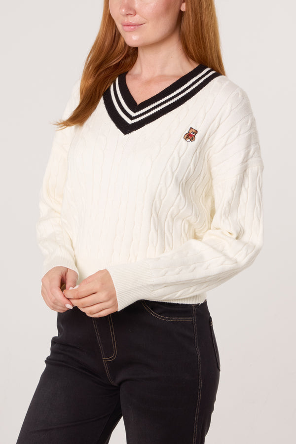 qed london V-Neck Cable Knitted Teddy Jumper