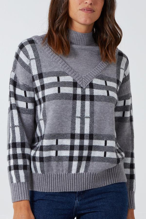 qed london V Neck Checked Jumper w/ Roll Neck
