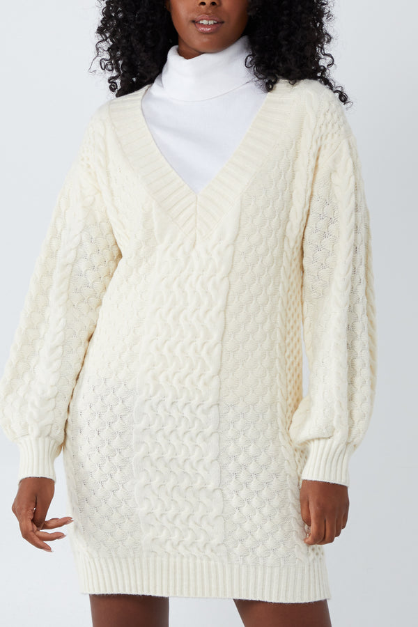 qed london V-Neck Chunky Cable Knit Jumper Dress