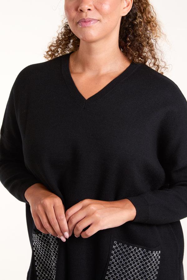 Qed London V-Neck Diamante Pocket Jumper
