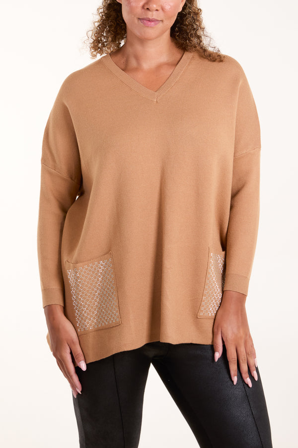 Qed London V-Neck Diamante Pocket Jumper