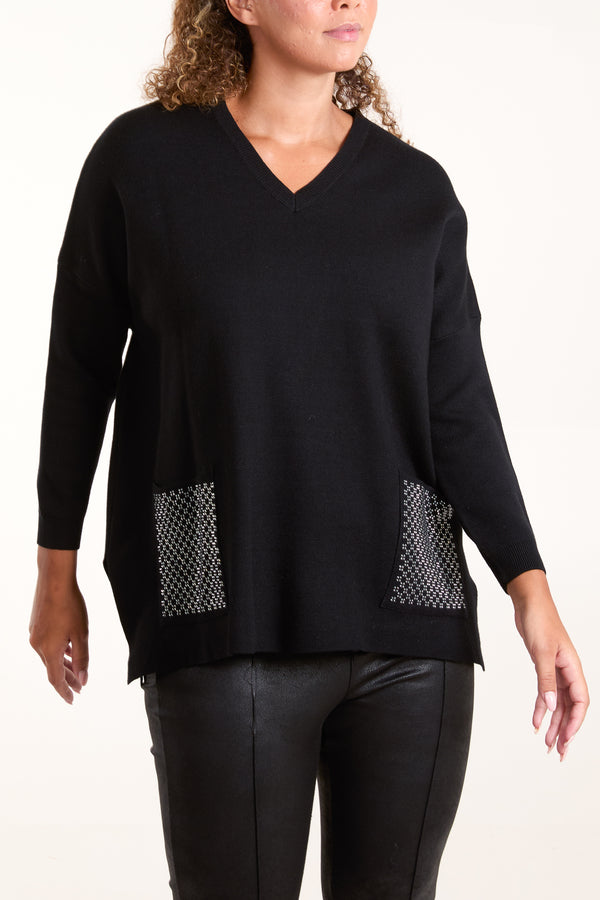 qed london V-Neck Diamante Pocket Jumper