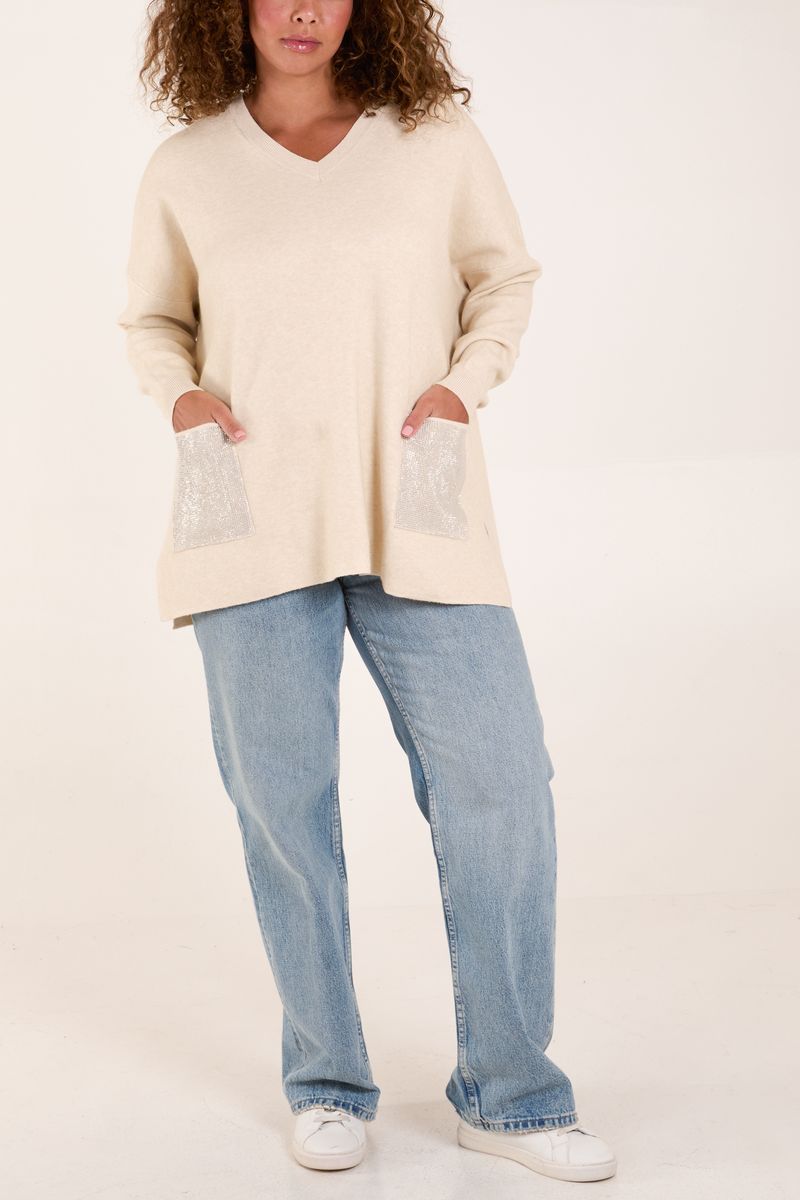 Qed London V Neck Embellished Pocket Jumper