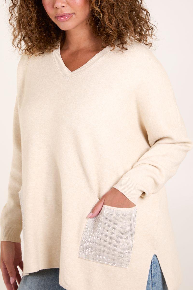Qed London V Neck Embellished Pocket Jumper