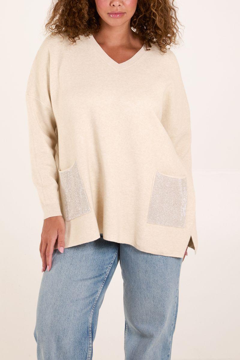qed london V Neck Embellished Pocket Jumper