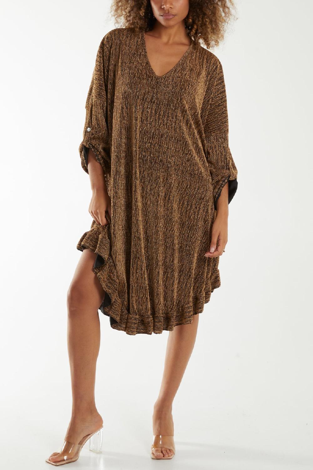 Qed London V-Neck Frilled Hem Lurex Glitter Dress