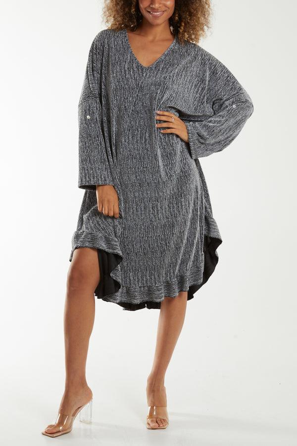 qed london V-Neck Frilled Hem Lurex Glitter Dress