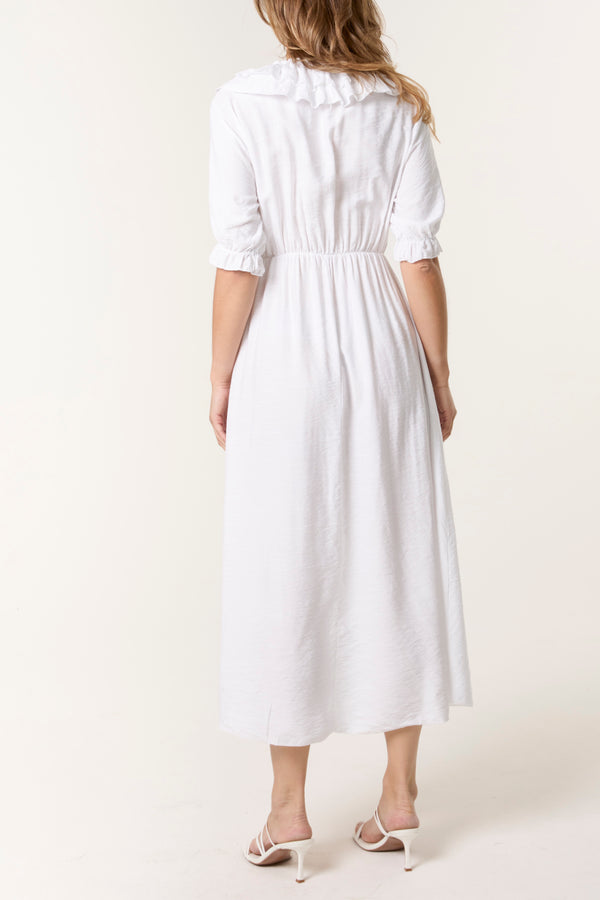 Qed London V-Neck Front Ruffle Midi Dress