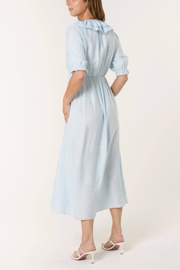 Qed London V-Neck Front Ruffle Midi Dress