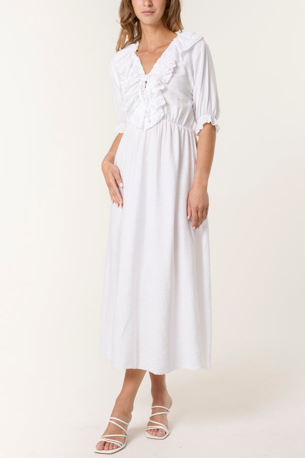 qed london V-Neck Front Ruffle Midi Dress