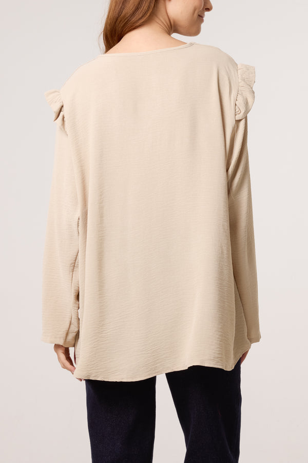 Qed London V-Neck Gold Brooch Frill Sleeve Blouse