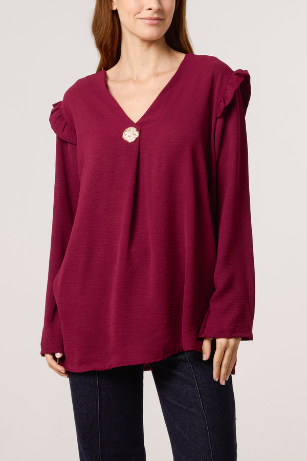 Qed London V-Neck Gold Brooch Frill Sleeve Blouse