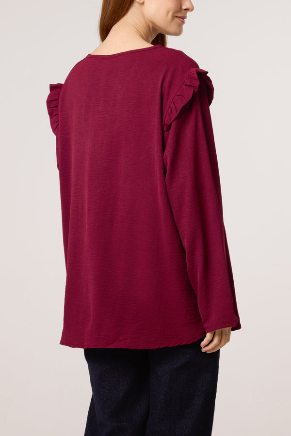 Qed London V-Neck Gold Brooch Frill Sleeve Blouse