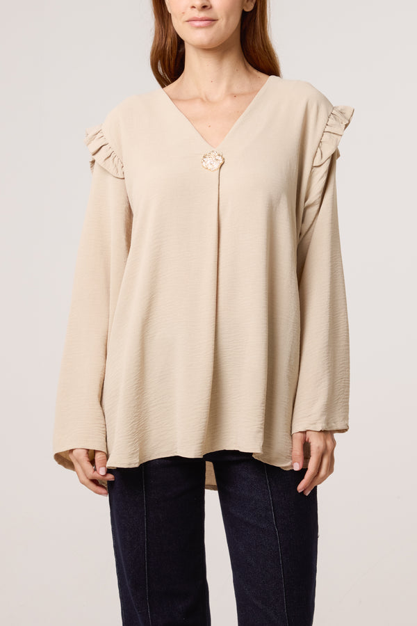 qed london V-Neck Gold Brooch Frill Sleeve Blouse