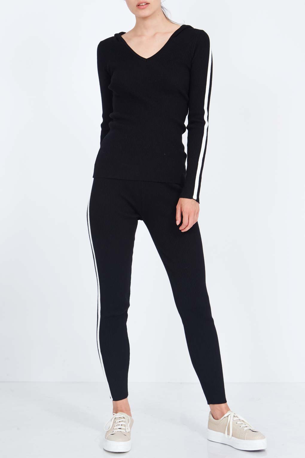 qed london V-Neck Hoodie & Stripe Leggings Set