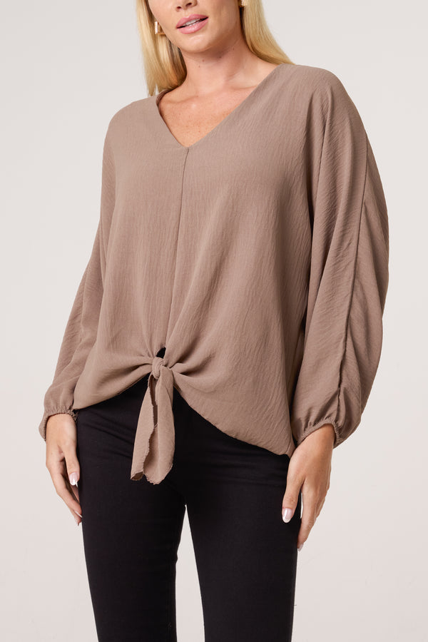 Qed London V-Neck Long Sleeve Tie Front Blouse