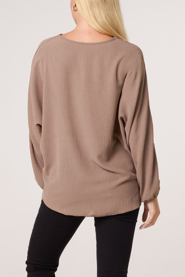 Qed London V-Neck Long Sleeve Tie Front Blouse