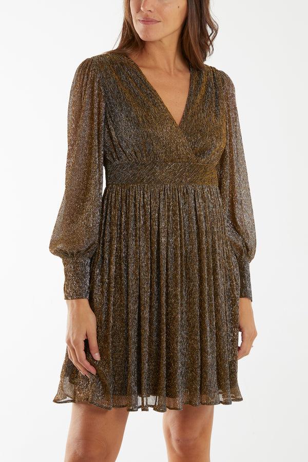 Qed London V-Neck Metallic Pleated Mini Dress