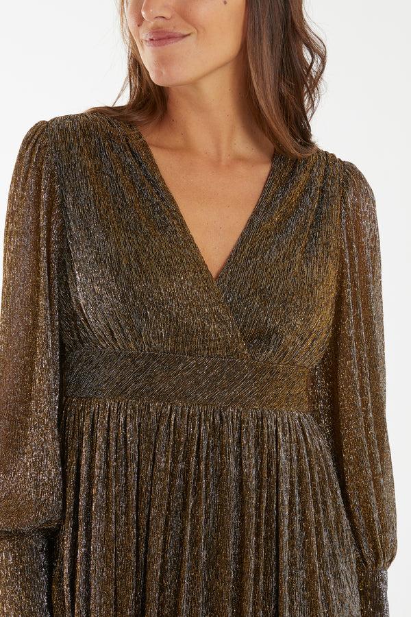 Qed London V-Neck Metallic Pleated Mini Dress