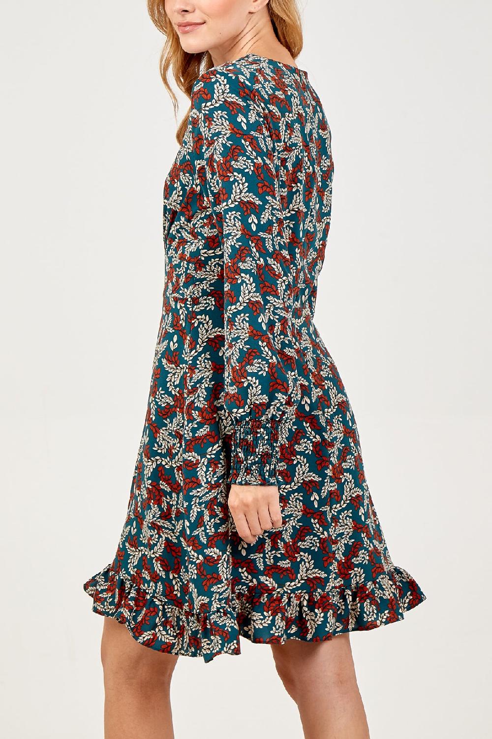 Qed London V-Neck Peplum Hem Long Sleeve Dress