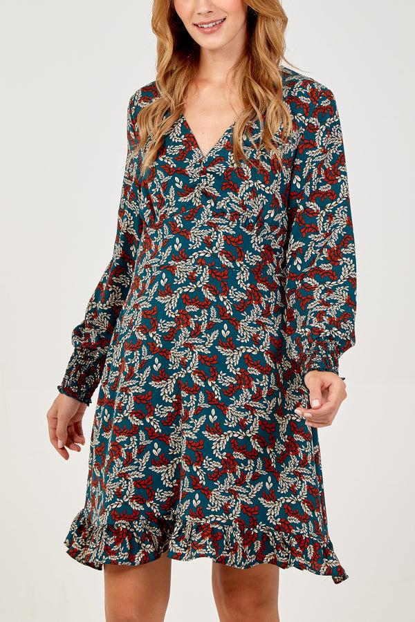 qed london V-Neck Peplum Hem Long Sleeve Dress