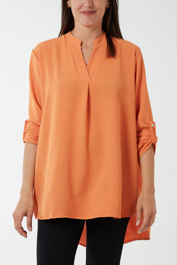 qed london V-Neck Poly Crepe Roll Sleeve Blouse