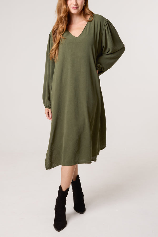 Qed London V-Neck Puffball Sleeve Midi Dress