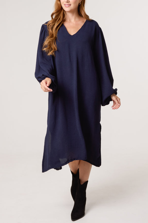 qed london V-Neck Puffball Sleeve Midi Dress