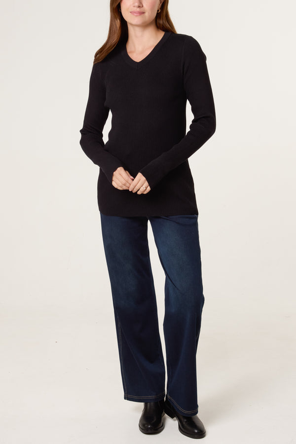 Qed London V-Neck Ribbed Long Sleeve Top