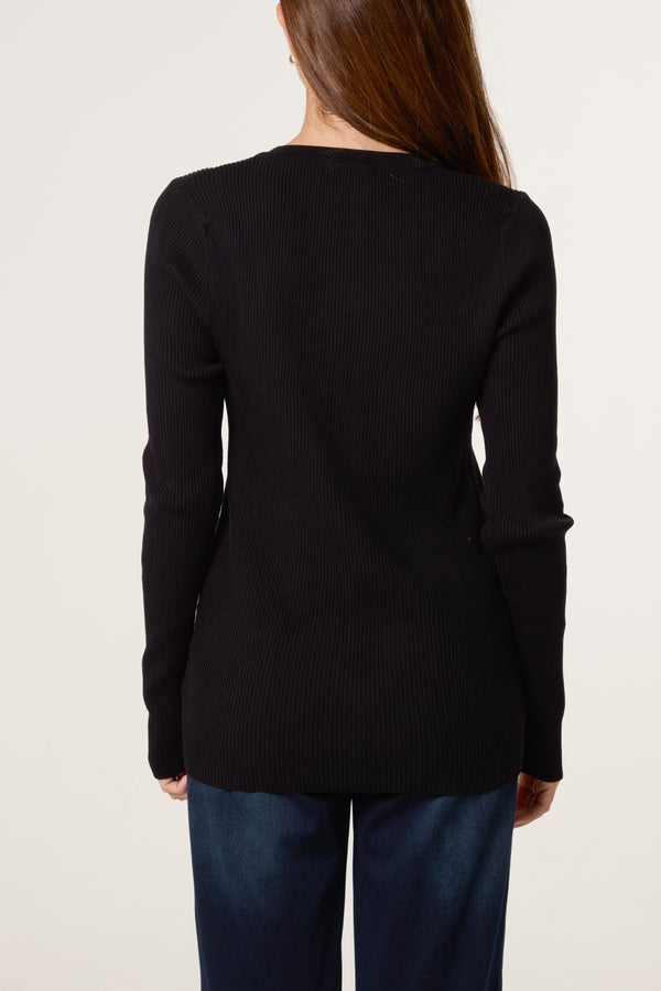 Qed London V-Neck Ribbed Long Sleeve Top