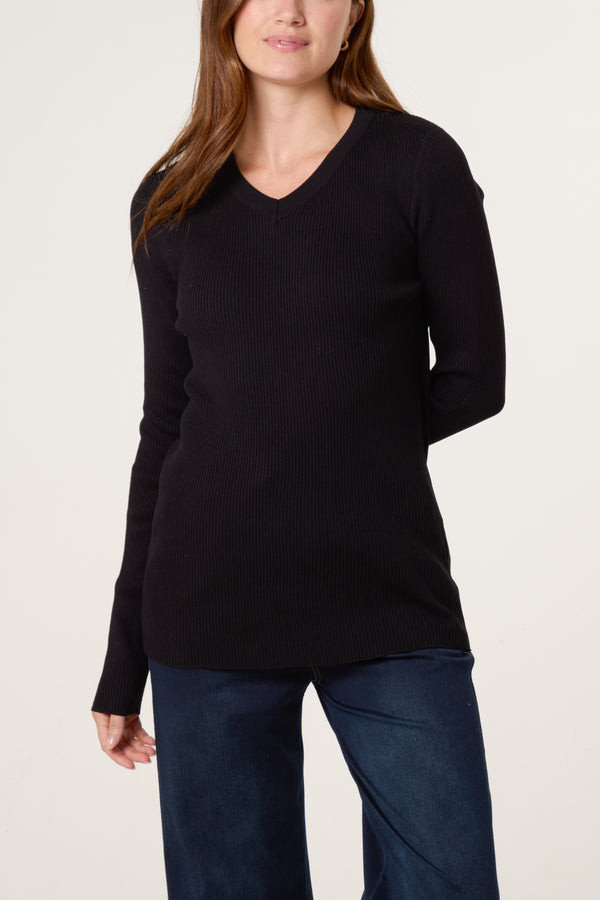 Qed London V-Neck Ribbed Long Sleeve Top