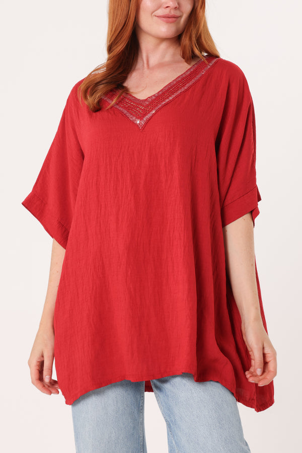 qed london V-Neck Sequins Trim Short Sleeve Top