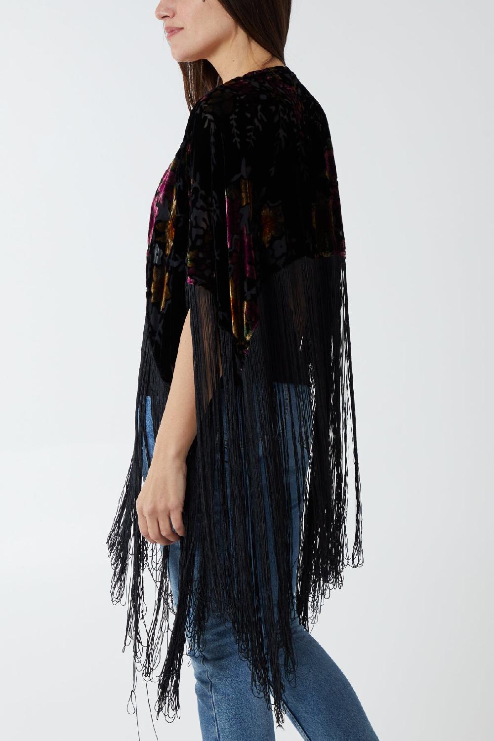 Qed London Velvet Burnout Long Fringe Boho Cape