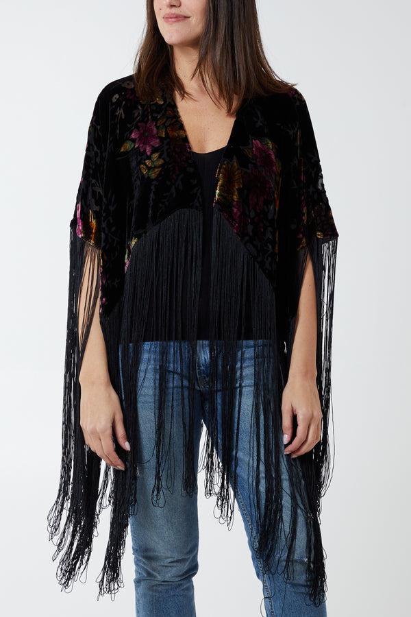 qed london Velvet Burnout Long Fringe Boho Cape