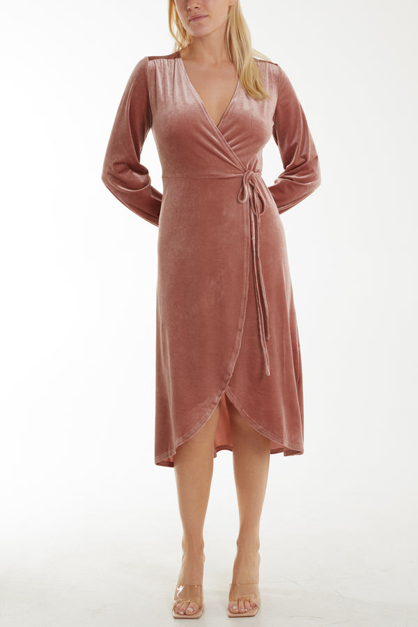 Qed London Velvet Curved Wrap Midi Dress