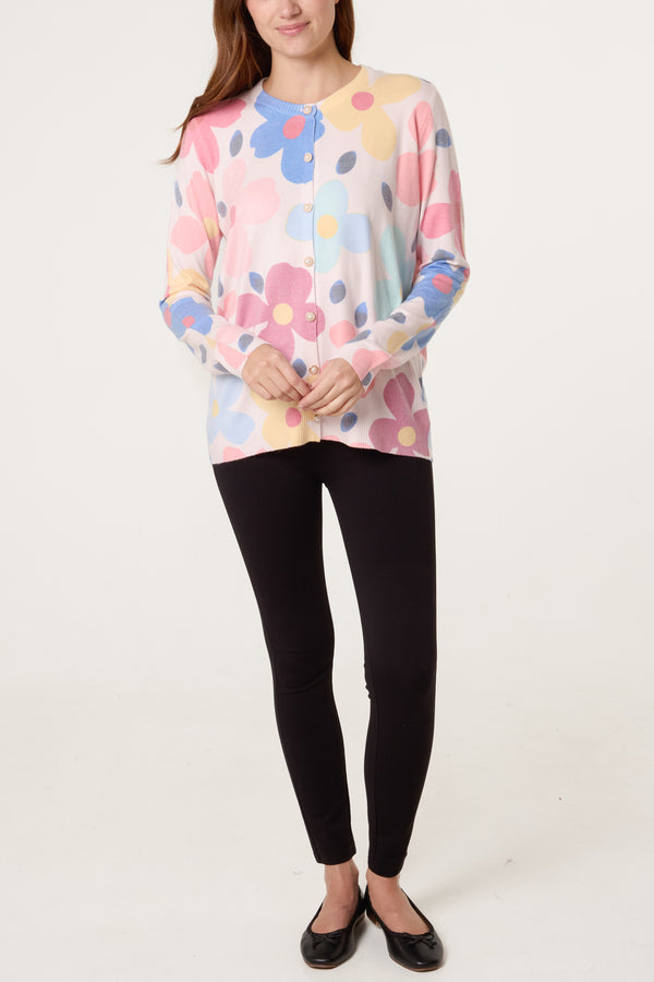 Qed London Vibrant Floral & Pearl Button Cardigan