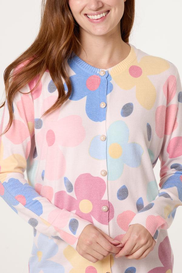 Qed London Vibrant Floral & Pearl Button Cardigan