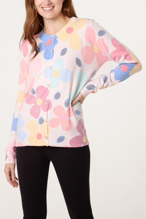 qed london Vibrant Floral & Pearl Button Cardigan