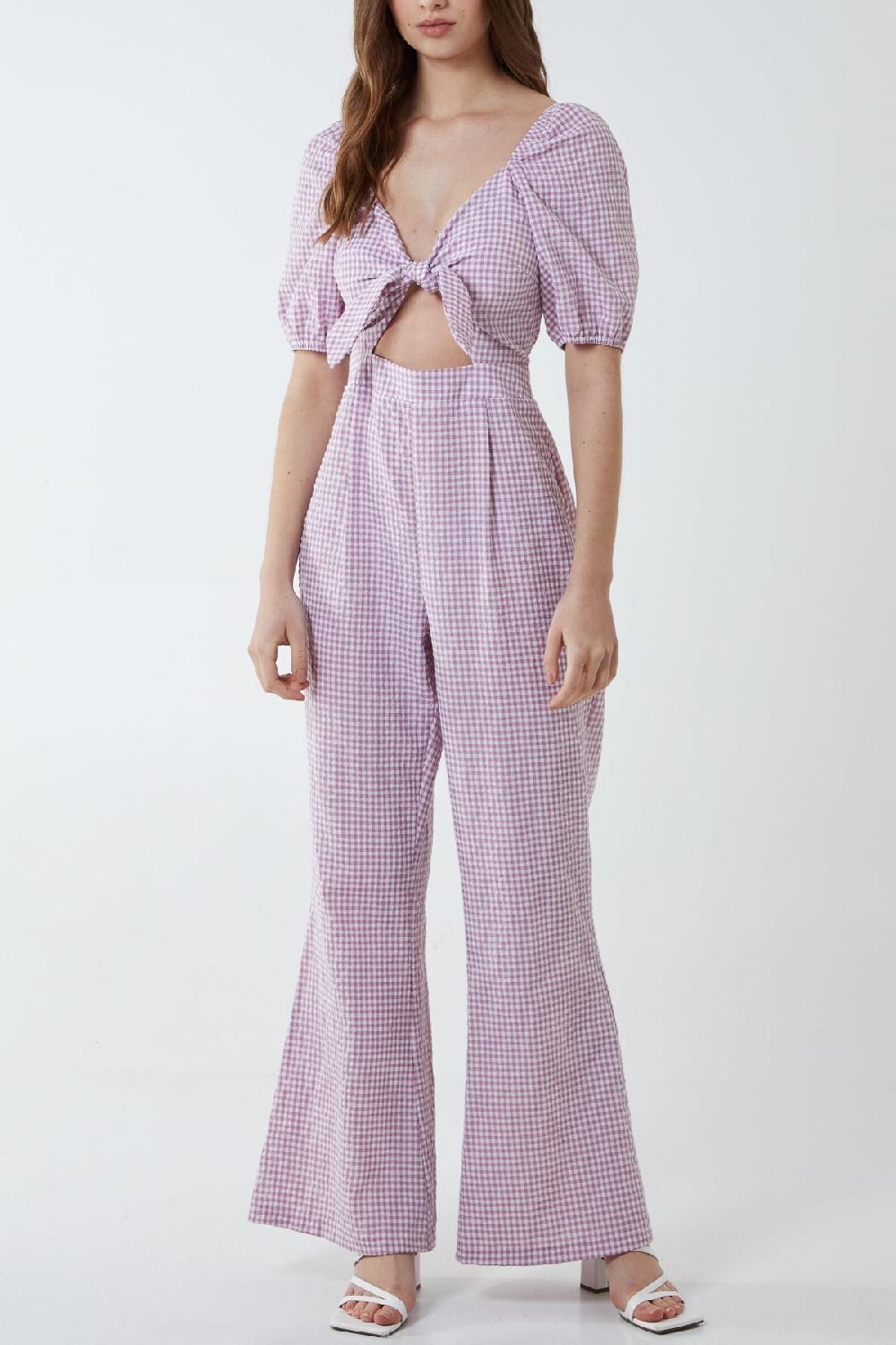 Qed London Vichy Gingham Tie Front Jumpsuit