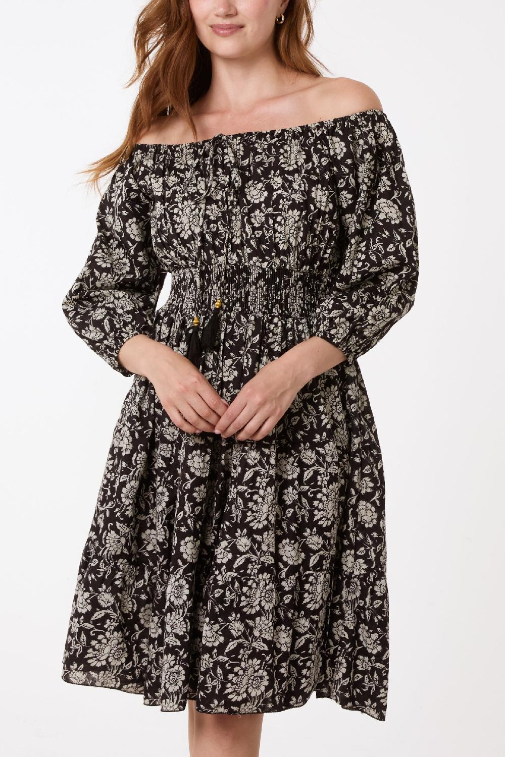 Qed London Vintage Floral Bardot Tassel Dress