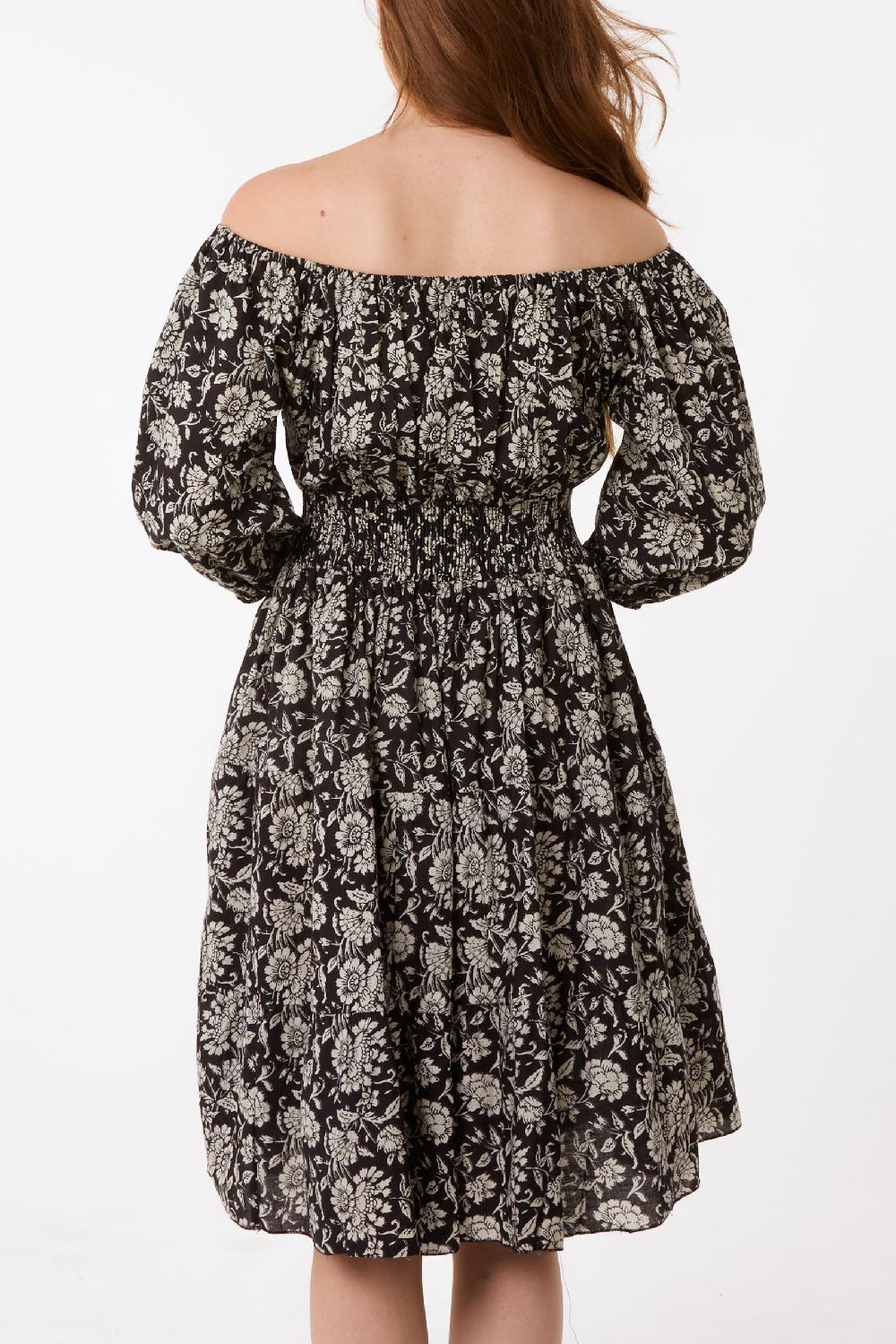 Qed London Vintage Floral Bardot Tassel Dress