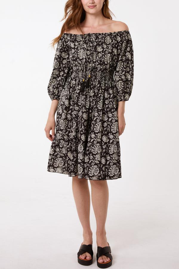 qed london Vintage Floral Bardot Tassel Dress