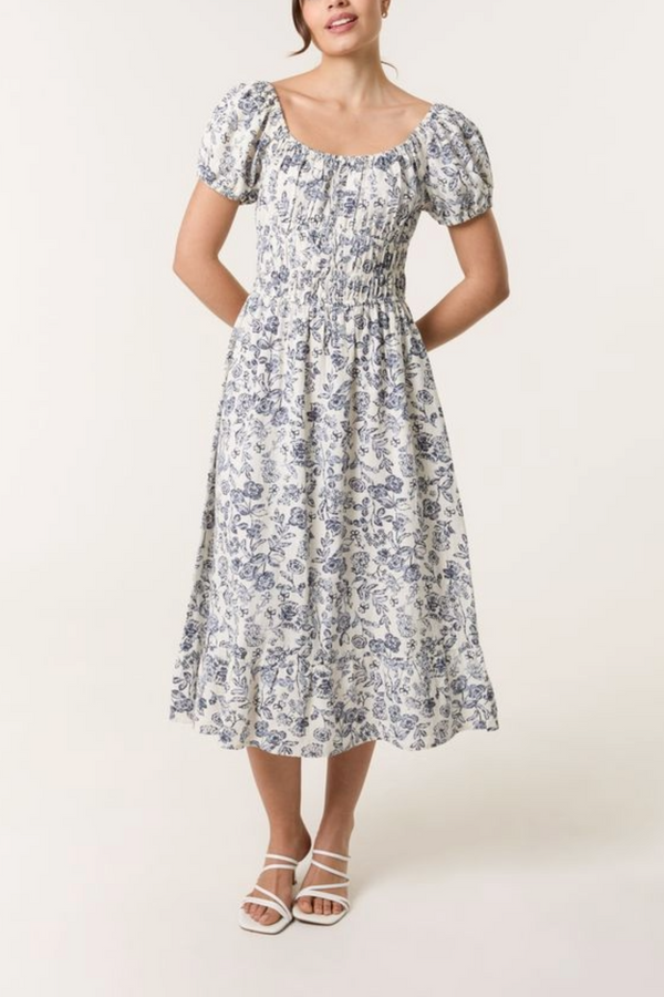 Qed London Vintage Floral Puff Sleeve Midi Dress