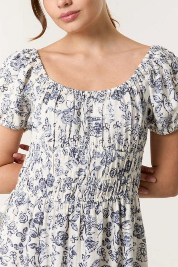 Qed London Vintage Floral Puff Sleeve Midi Dress