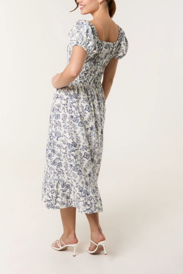 Qed London Vintage Floral Puff Sleeve Midi Dress
