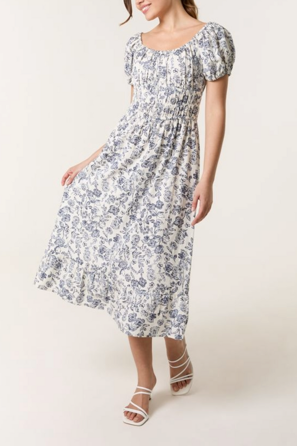 qed london Vintage Floral Puff Sleeve Midi Dress