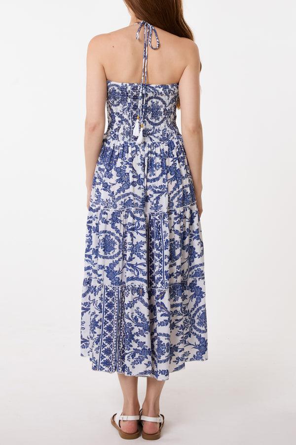 Qed London Vintage Floral Shirred Bust Tie Dress